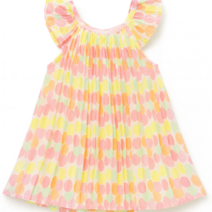 Pleated multicolor polka dot baby girl dress with ruffle sleeves