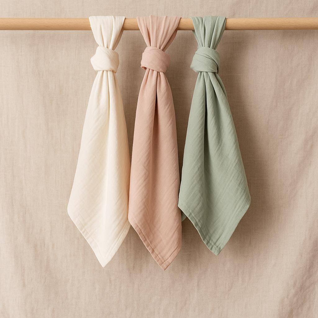 pastel baby muslin swaddle set hanging