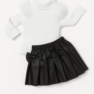 white full sleeve baby girl top with black bow skirt outfit